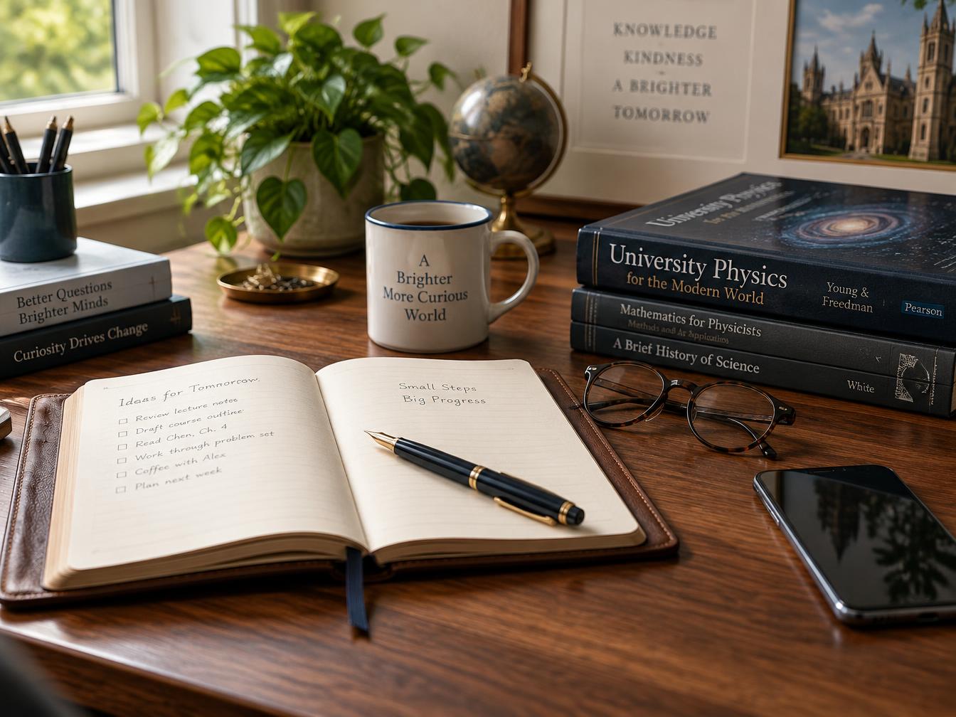 A mentor's desk with an open notebook, pen, phone and physics books — the quiet workspace behind every ConciPle conversation