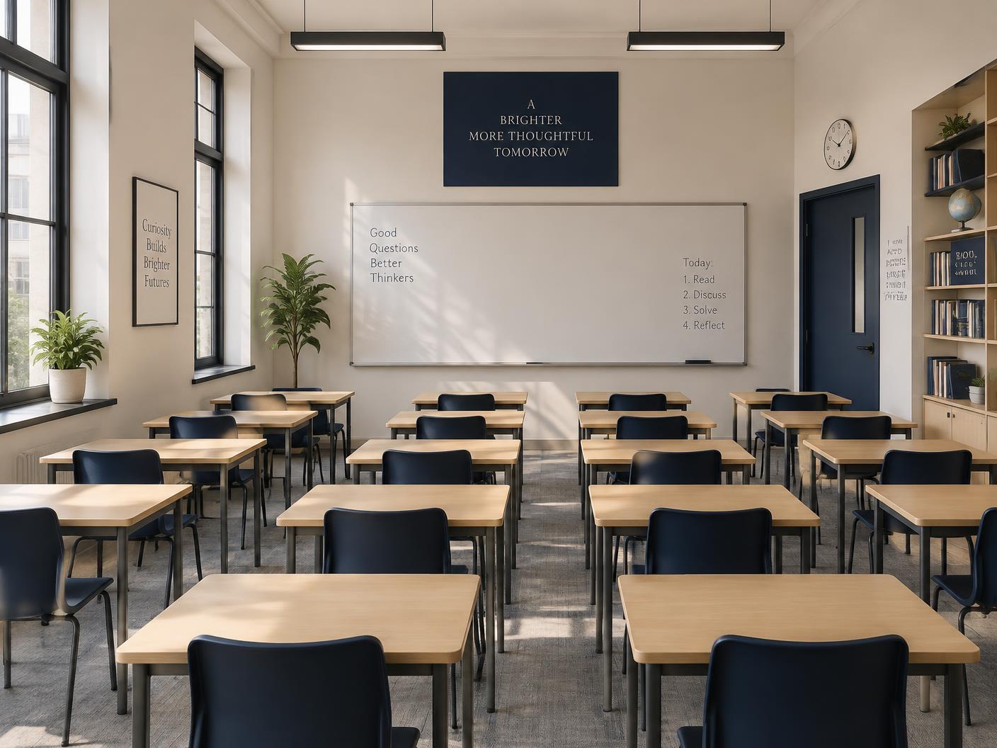 A calm ConciPle classroom with desks arranged for a small batch and a large whiteboard