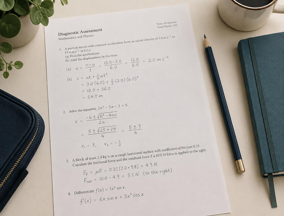 A diagnostic assessment sheet with handwritten mathematics and physics working on a desk