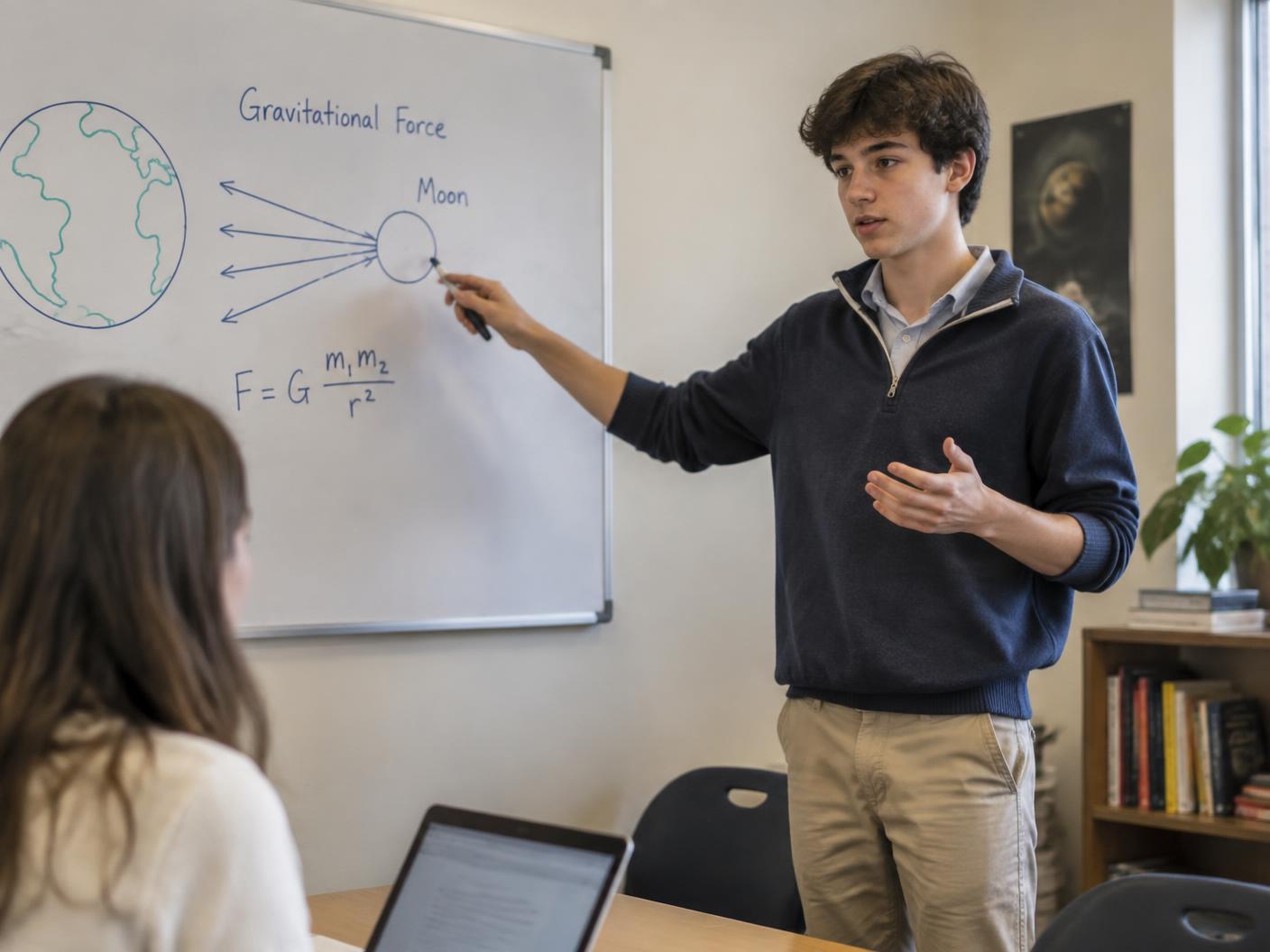 A student explaining a gravitation diagram aloud to a classmate