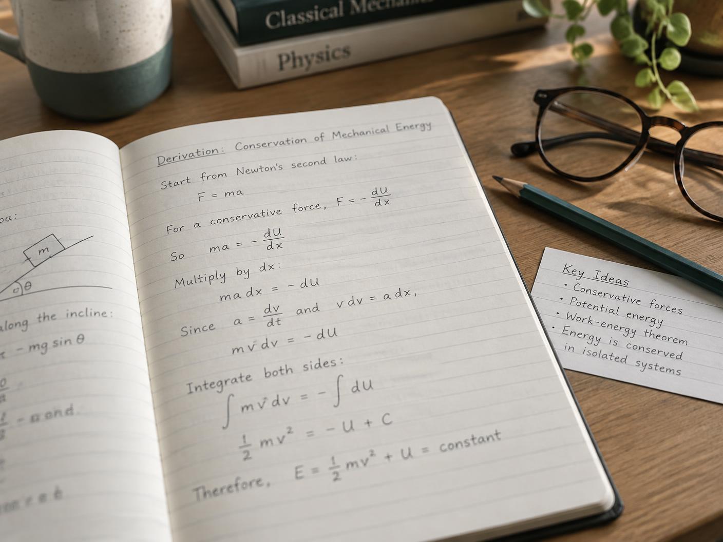 A student's notebook with a physics derivation beside a handwritten key-ideas card